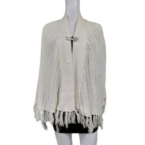 Vintage Open Arms Trim Hem Knit Button Front Shawl Sweater Off White Women's